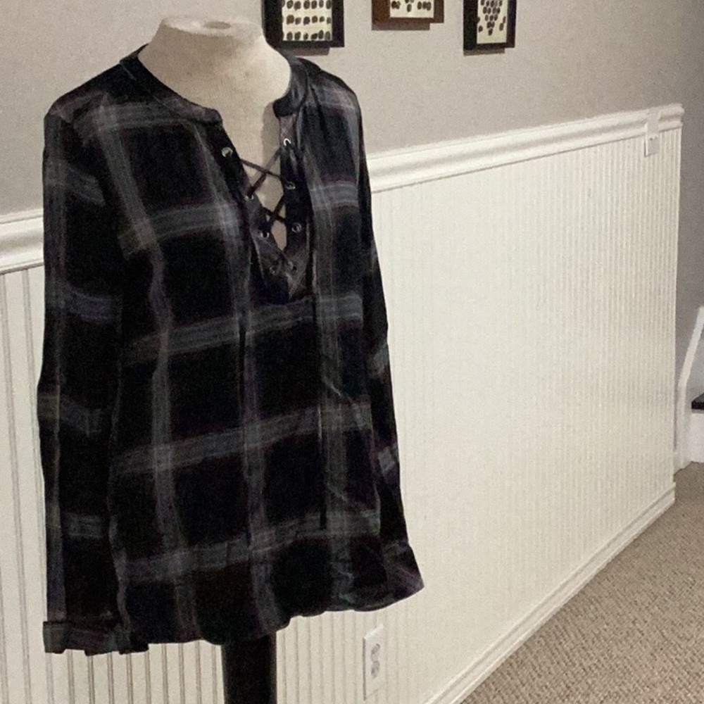 Sanctuary long sleeve plaid lace up blouse.